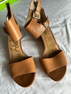 Sam Edelman Tan Leather Wedge Sandals Ankle Strap Size 10